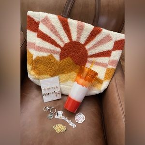 NWT Multi-item gift set, cozy tote bag, earring set, tumbler, earrings, stickers